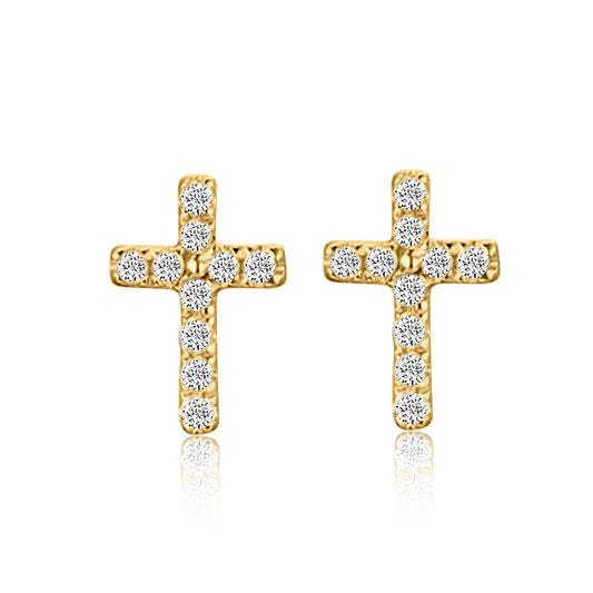 Cross Shape Diamond Stud Earrings in 14K Yellow Gold