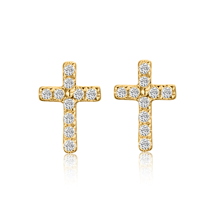 Cross Shape Diamond Stud Earrings in 14K Yellow Gold