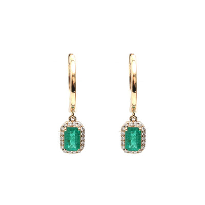 Emerald 18K Natural Diamond Yellow Gold Hoop Drop Earrings