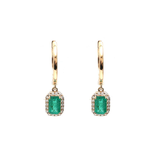 Emerald 18K Natural Diamond Yellow Gold Hoop Drop Earrings