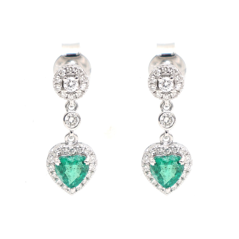 Emerald Heart & Natural Diamond Drop Earrings in 18K White Gold