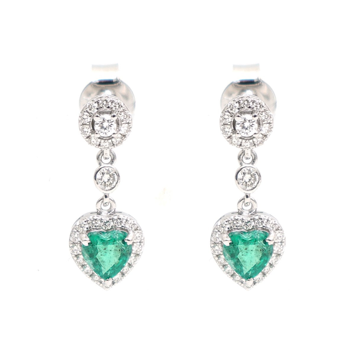 Emerald Heart Charm 18K Natural Diamond White Gold Drop Earrings