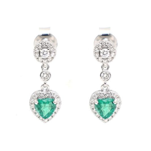 Emerald Heart Charm 18K Natural Diamond White Gold Drop Earrings
