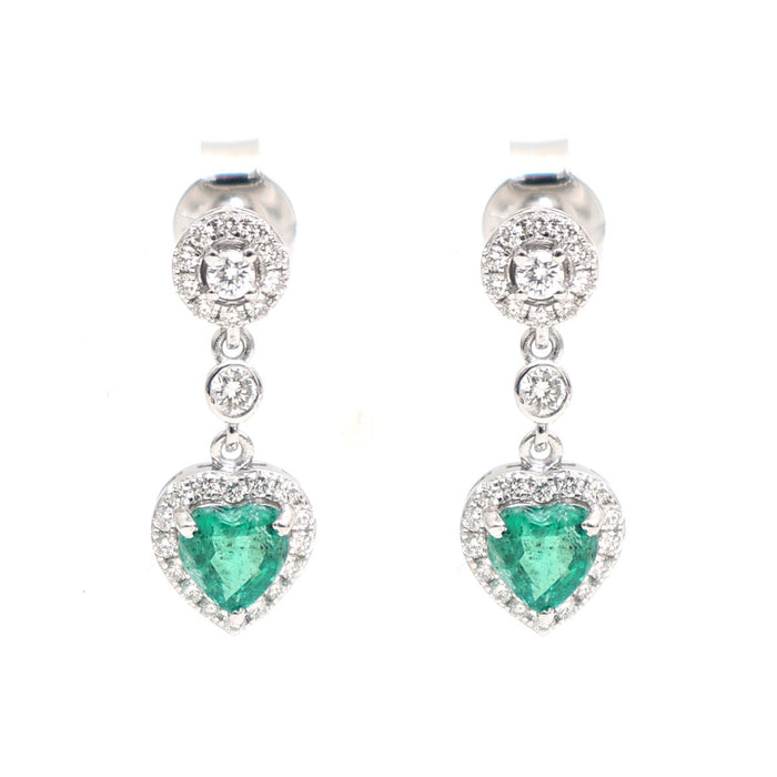 Emerald Heart Charm 18K Natural Diamond White Gold Drop Earrings