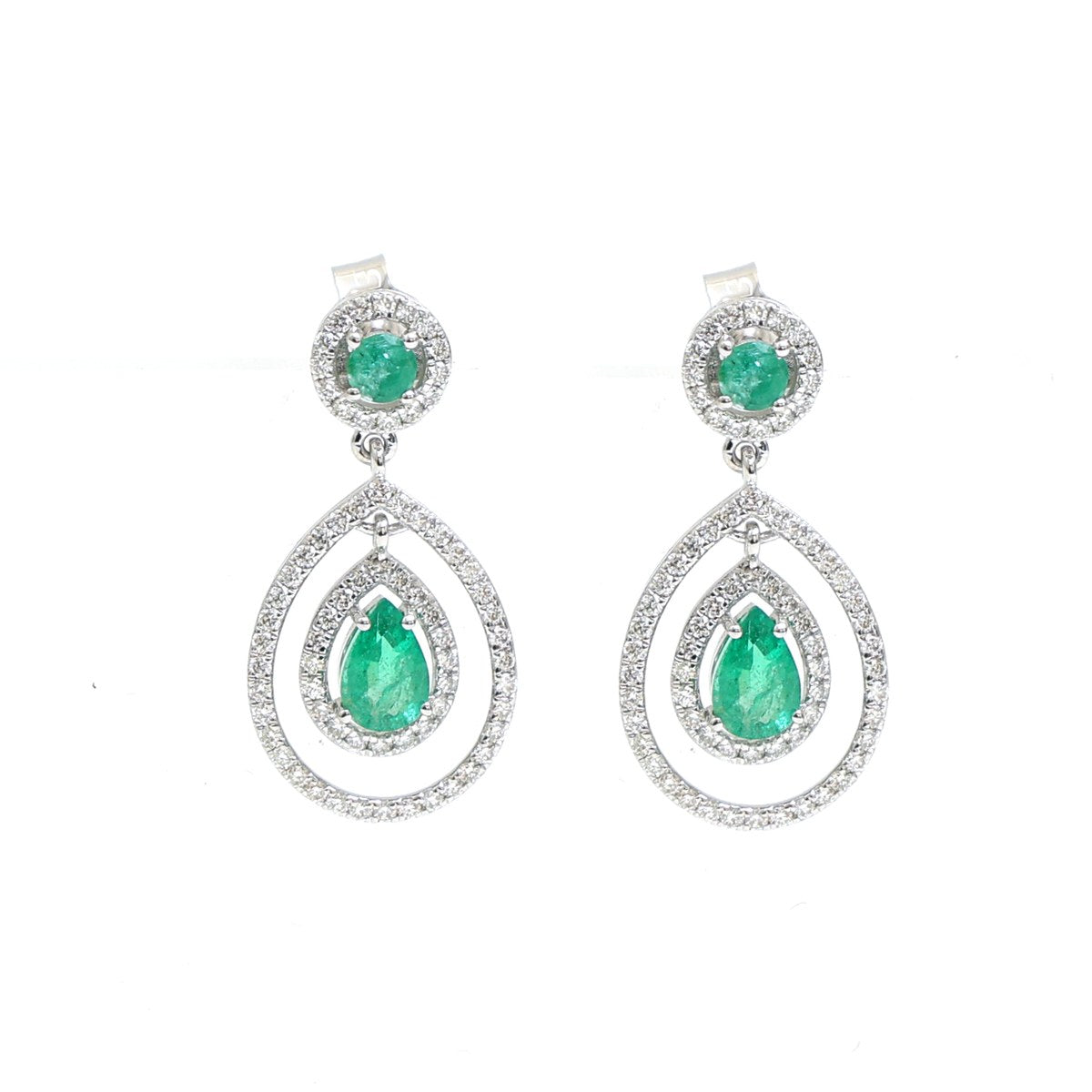 Emerald Double Halo 18K Natural Diamond White Gold Drop Earrings