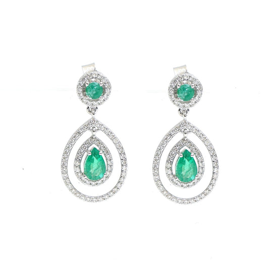 Emerald Double Halo 18K Natural Diamond White Gold Drop Earrings