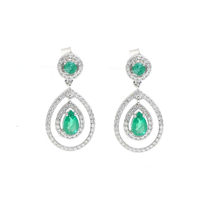 Emerald Double Halo 18K Natural Diamond White Gold Drop Earrings
