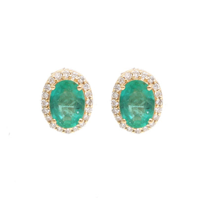 Emerald & Natural Diamond Halo Stud Earrings in 14K Yellow Gold