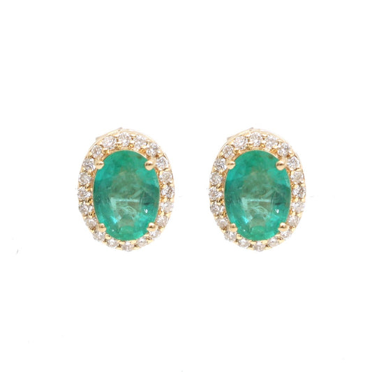 Emerald & Natural Diamond Halo Stud Earrings in 14K Yellow Gold