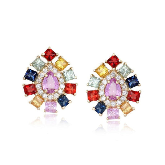 Multi-Sapphire Diamond Stud Earrings in 14K Yellow Gold