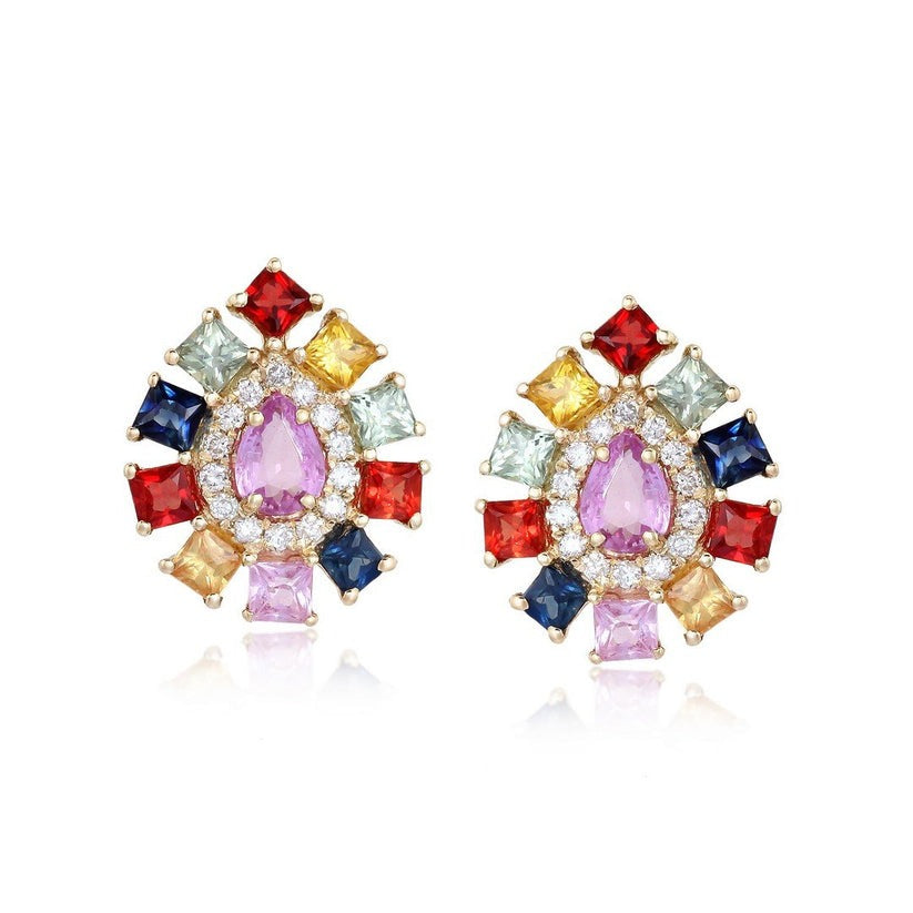 Multi-Sapphire Diamond Stud Earrings in 14K Yellow Gold