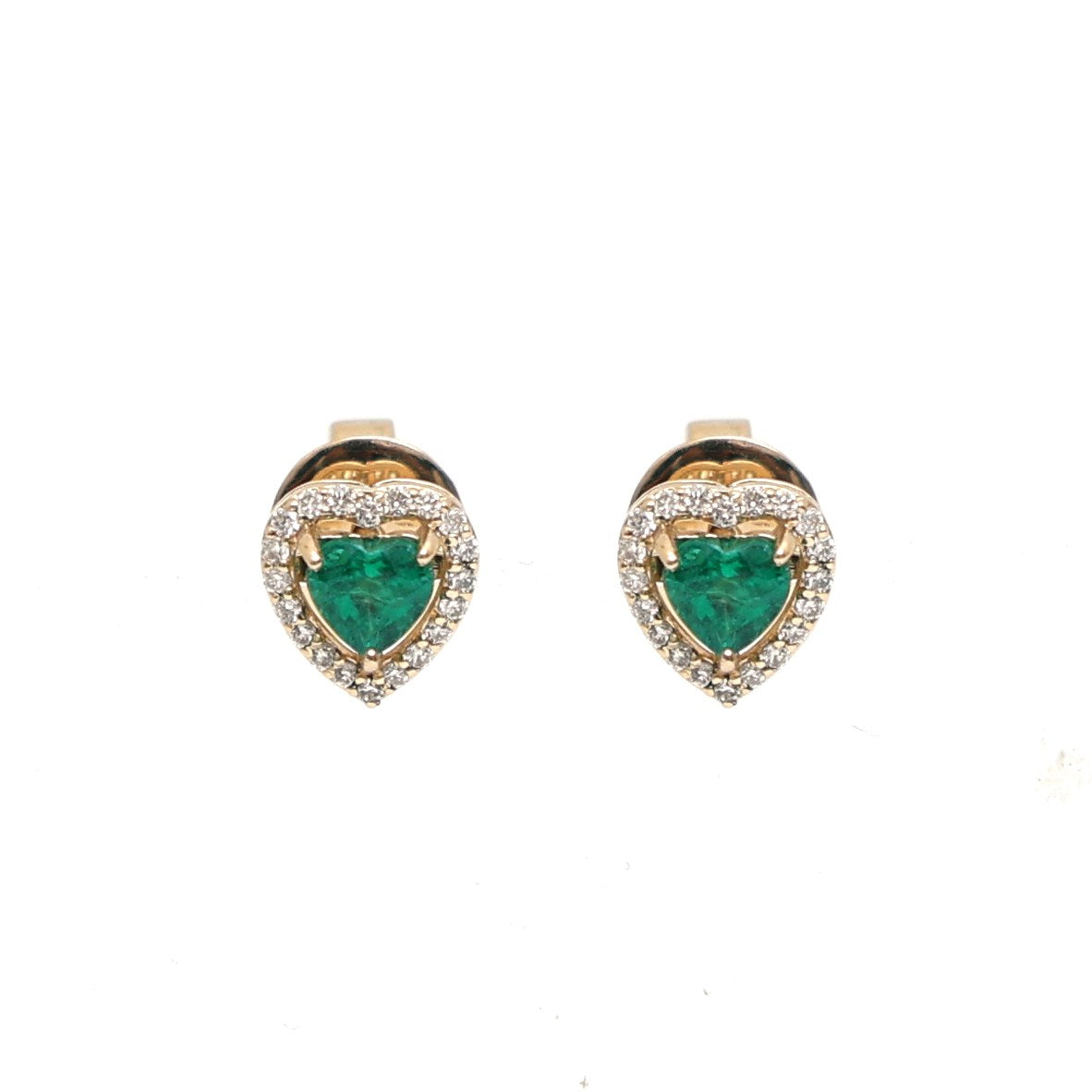 Heart Emerald Halo 18K Yellow Gold Stud Earrings