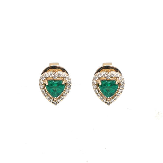 Heart Emerald Halo 18K Yellow Gold Stud Earrings