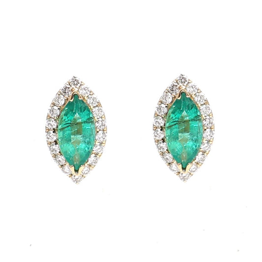 Emerald Marquise Halo 18K Natural Diamond White Gold Stud Earrings