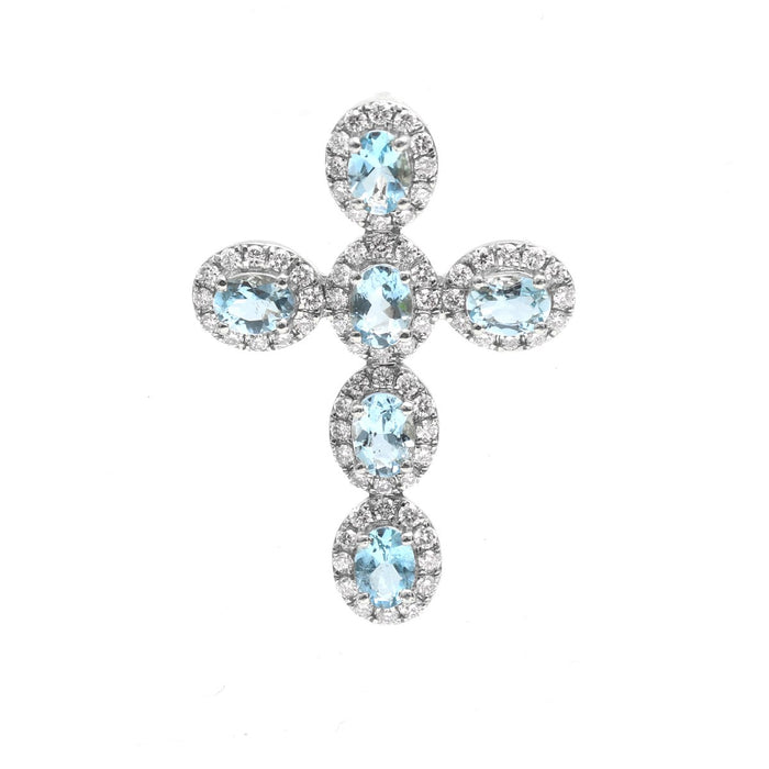 Natural Diamond Aquamarine 18K White Gold Pendant Necklace