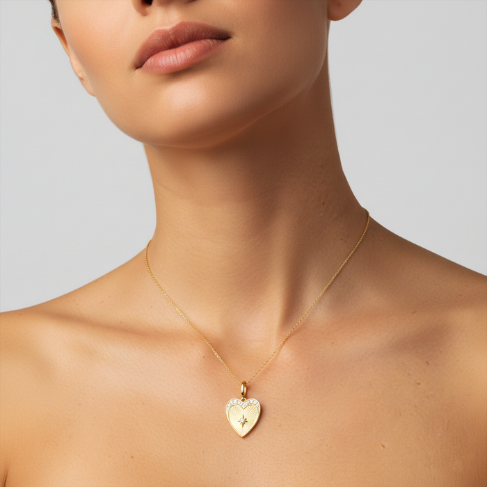 Diamond Starburst Heart Pendant Necklace in 14K Yellow Gold