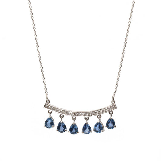 Pear Cut Blue Sapphire Drop 14K (18K Custom) White Gold Necklace