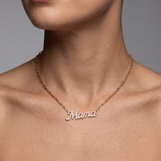 Mama Script Pave Diamond Pendant Necklace in 14K Yellow Gold