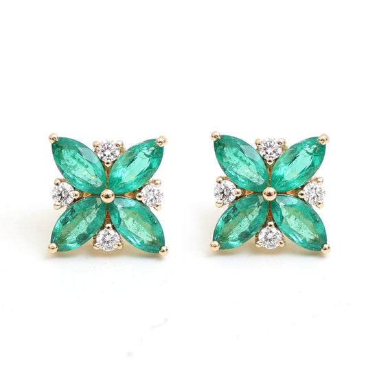 Emerald Floral Cluster 18K Natural Diamond Yellow Gold Stud Earrings