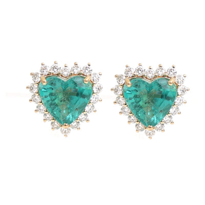 Emerald Heart & Natural Diamond Halo Stud Earrings in 18K Yellow Gold