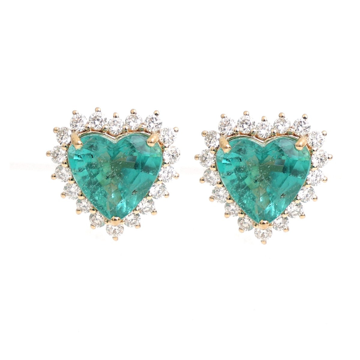 Heart Emerald 18K Natural Diamond Yellow Gold Halo Stud Earrings