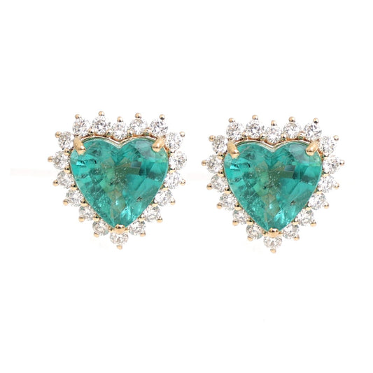 Heart Emerald 18K Natural Diamond Yellow Gold Halo Stud Earrings