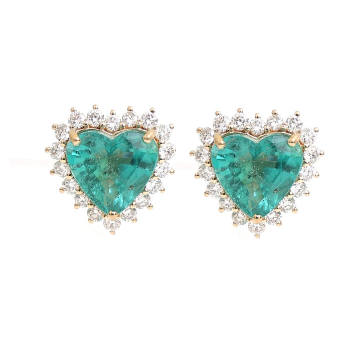 Heart Emerald 18K Natural Diamond Yellow Gold Halo Stud Earrings