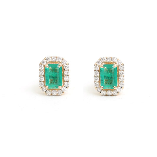 Emerald Royale Halo 18K Natural Diamond Yellow Gold Stud Earrings