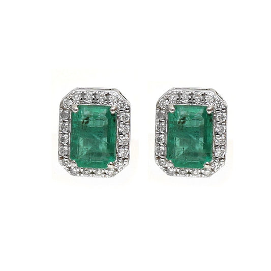 Emerald Nova Halo 18K Natural Diamond White Gold Stud Earrings