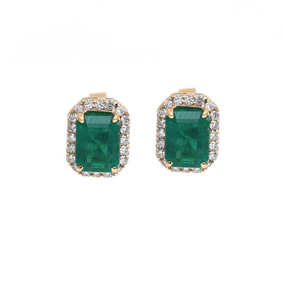 Emerald Diamond Halo 18K Yellow Gold Stud Earrings