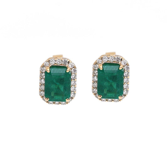 Emerald Diamond Halo 18K Yellow Gold Stud Earrings