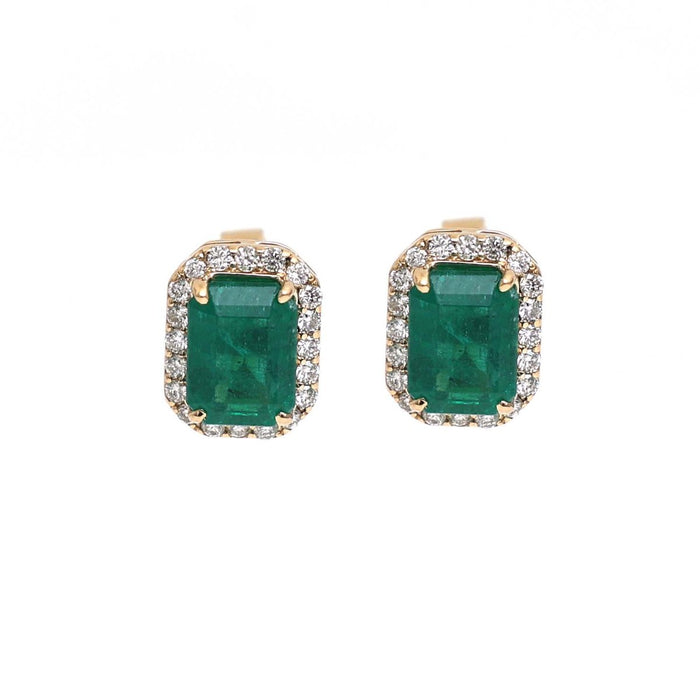 Emerald Diamond Halo 18K Yellow Gold Stud Earrings
