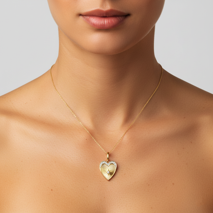 Diamond Starburst Heart Pendant Necklace in 14K Yellow Gold