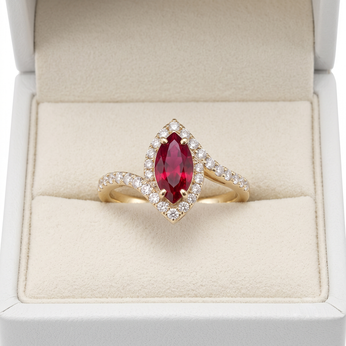 Marquise Ruby 14K (18K Custom) Gold Diamond Halo Ring