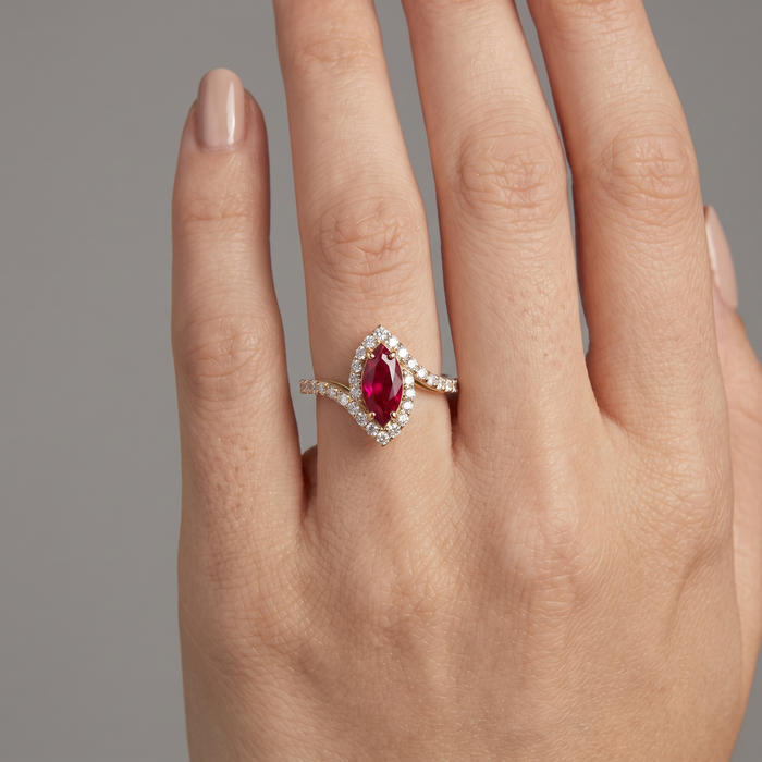 Marquise Ruby 14K (18K Custom) Gold Diamond Halo Ring