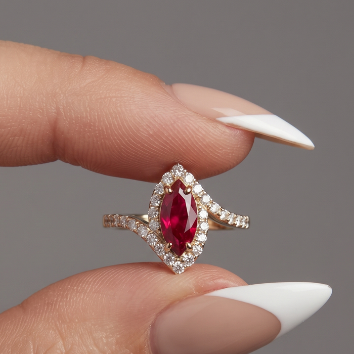 Marquise Ruby 14K (18K Custom) Gold Diamond Halo Ring
