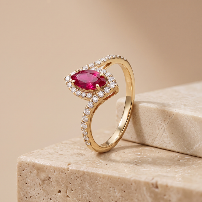 Marquise Ruby 14K (18K Custom) Gold Diamond Halo Ring