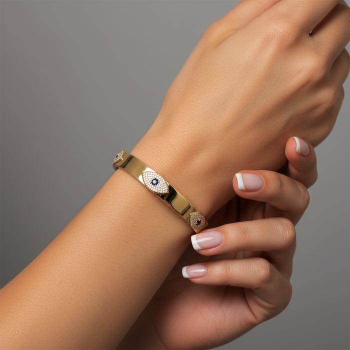 Evil Eye Sapphire Bangle Bracelet in 14K Yellow Gold