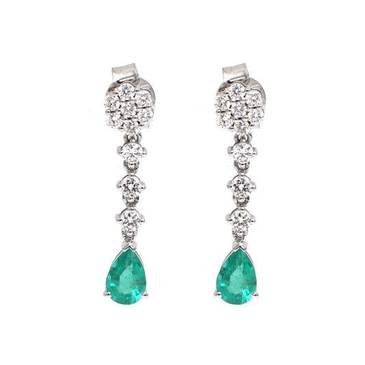 Emerald Dangle 18K Natural Diamond White Gold Drop Earrings