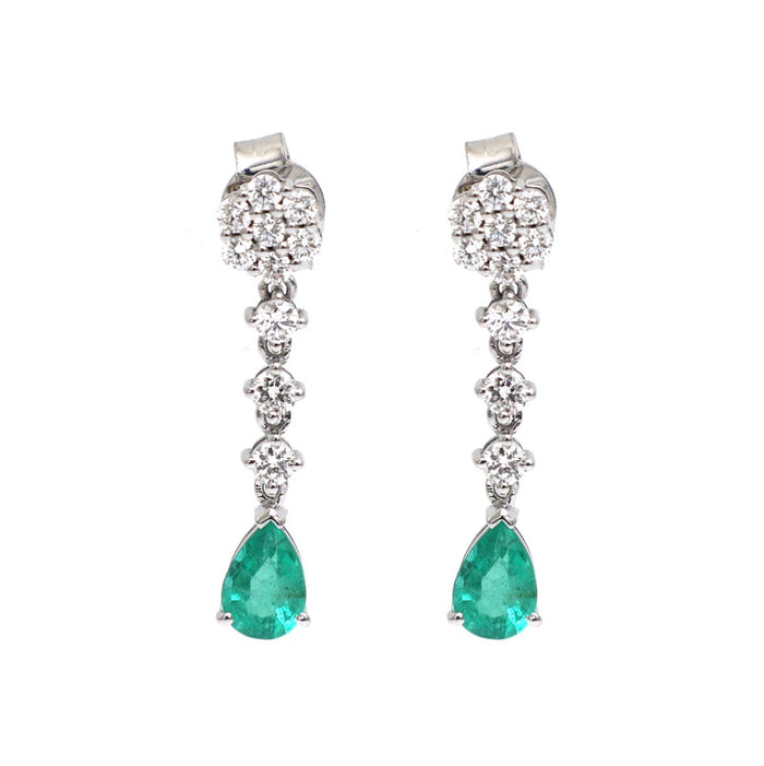 Emerald Dangle 18K Natural Diamond White Gold Drop Earrings