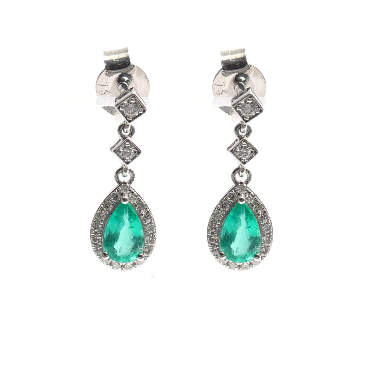 Emerald Halo 18K Natural White Gold Drop Earrings