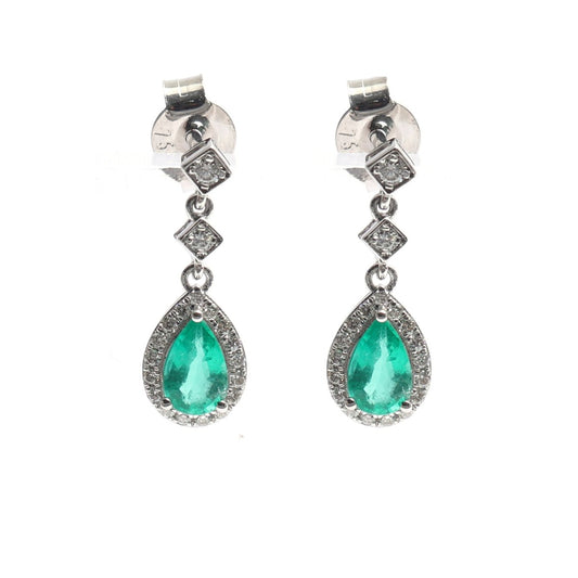 Emerald Halo 18K Natural White Gold Drop Earrings