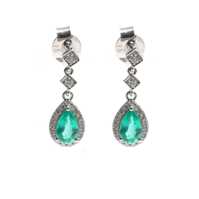 Emerald Halo 18K Natural White Gold Drop Earrings