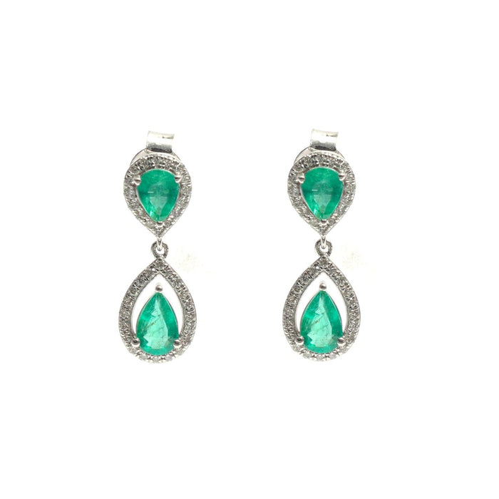 Emerald Double Drop 18K Natural Diamond White Gold Earrings