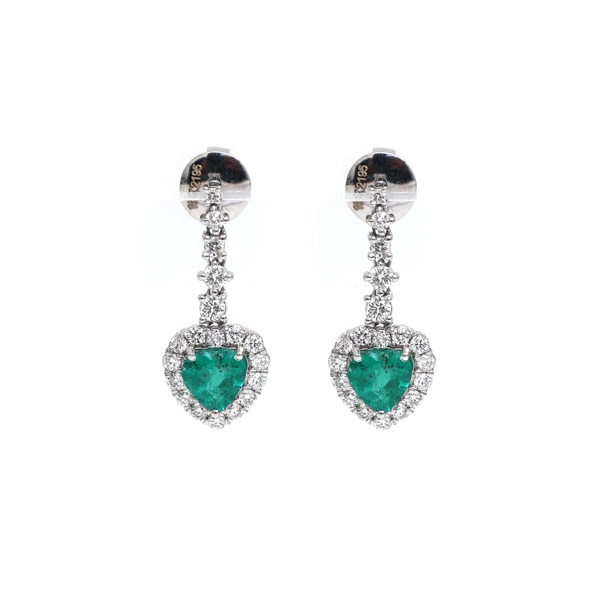 Emerald Heart Accent 18K Natural Diamond White Gold Drop Earrings
