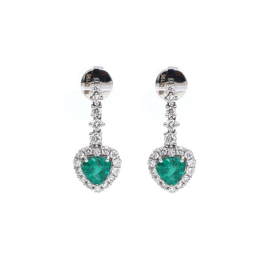 Emerald Heart Accent 18K Natural Diamond White Gold Drop Earrings