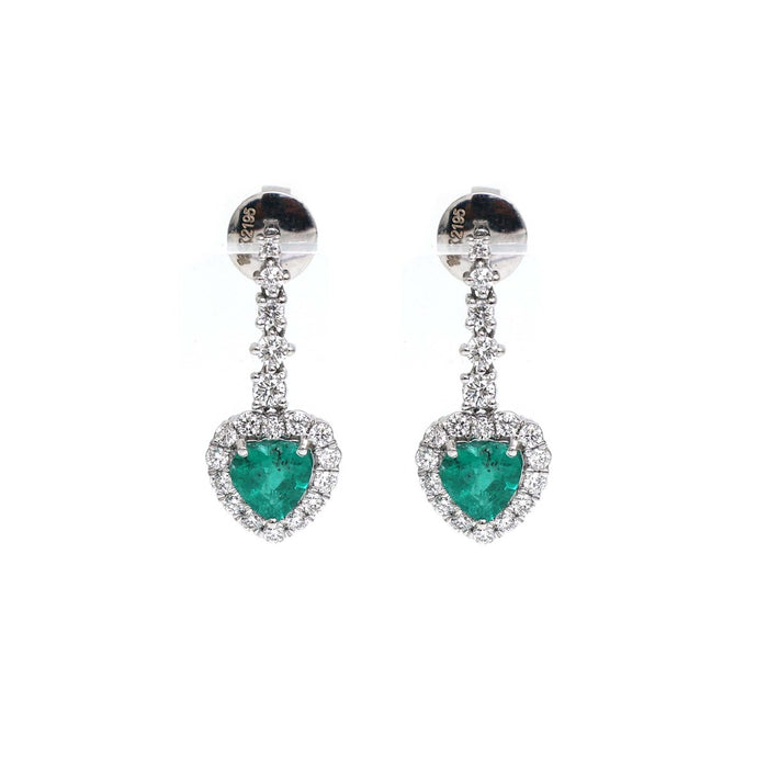 Emerald Heart Accent 18K Natural Diamond White Gold Drop Earrings