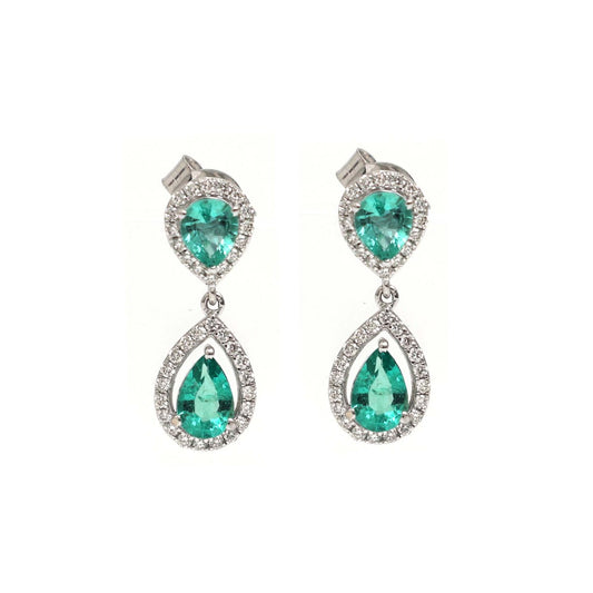 Emerald Lumiere Halo 18K Natural Diamond White Gold Drop Earrings