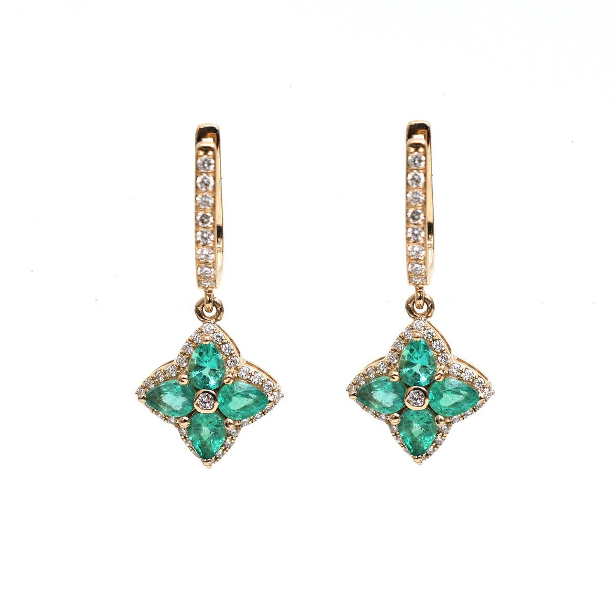 Emerald Floral 18K Natural Diamond Yellow Gold Drop Earrings