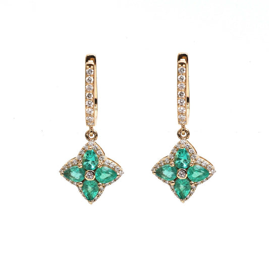 Emerald Floral 18K Natural Diamond Yellow Gold Drop Earrings